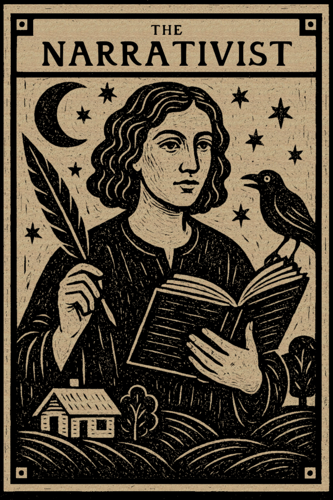 A woodcut-style tarot card featuring a storyteller, titled The Narrativist