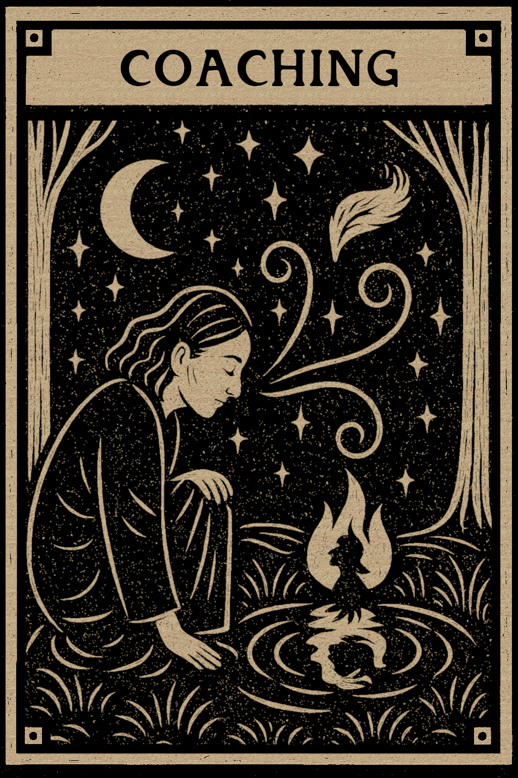 A woodcut-style tarot card showing a person gazing into a reflective pool, titled Coaching.