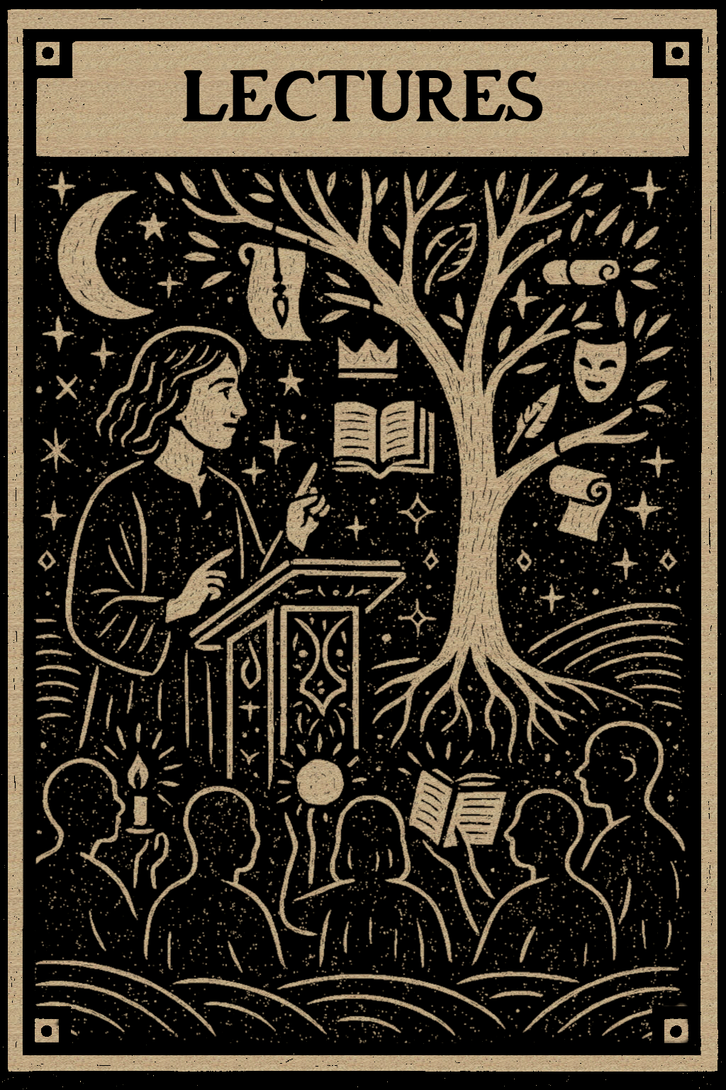 A woodcut-style tarot card featuring a person behind a lectern, labeled Lectures.