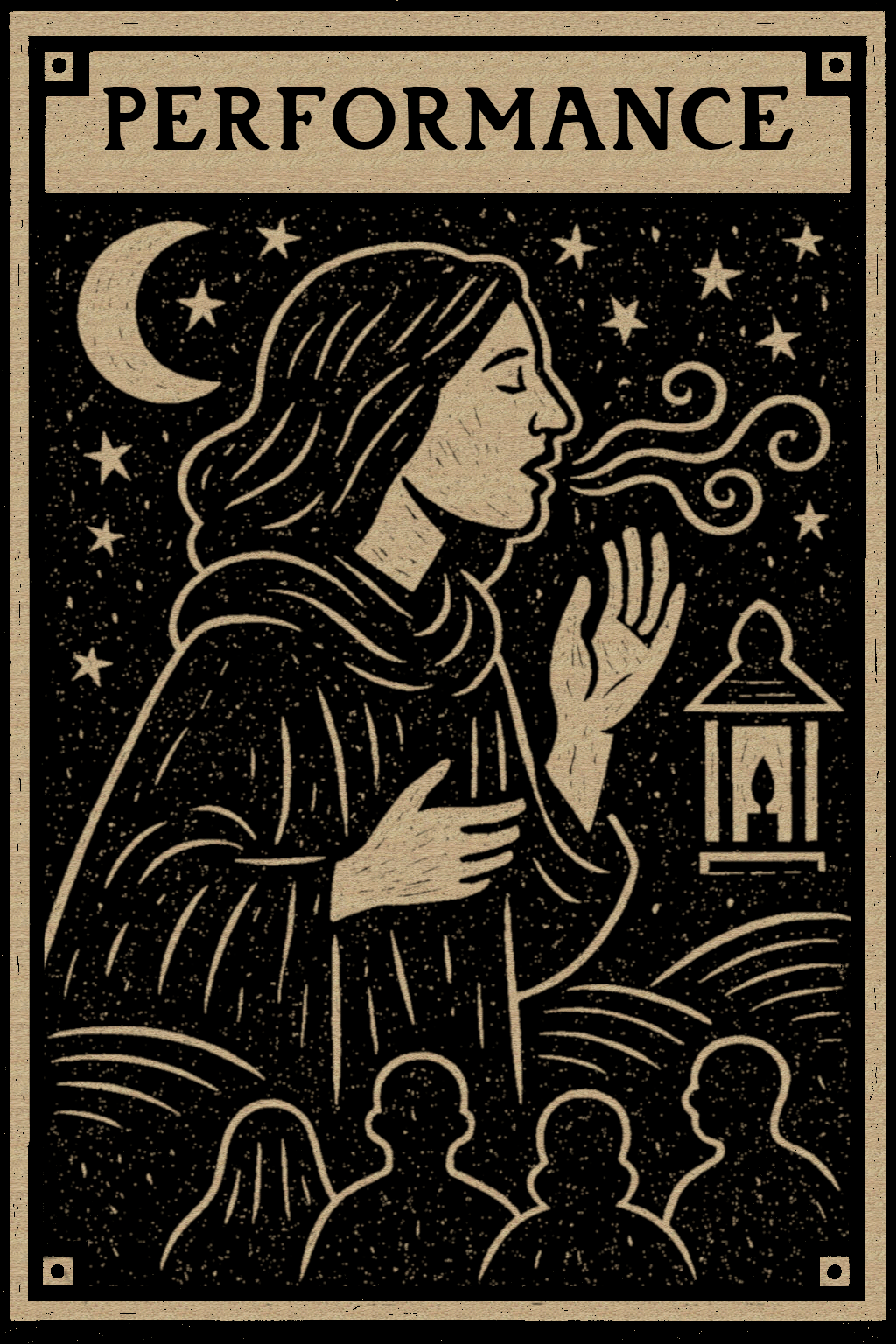 A woodcut-style tarot card featuring a storyteller performing to an audience, title Performance.
