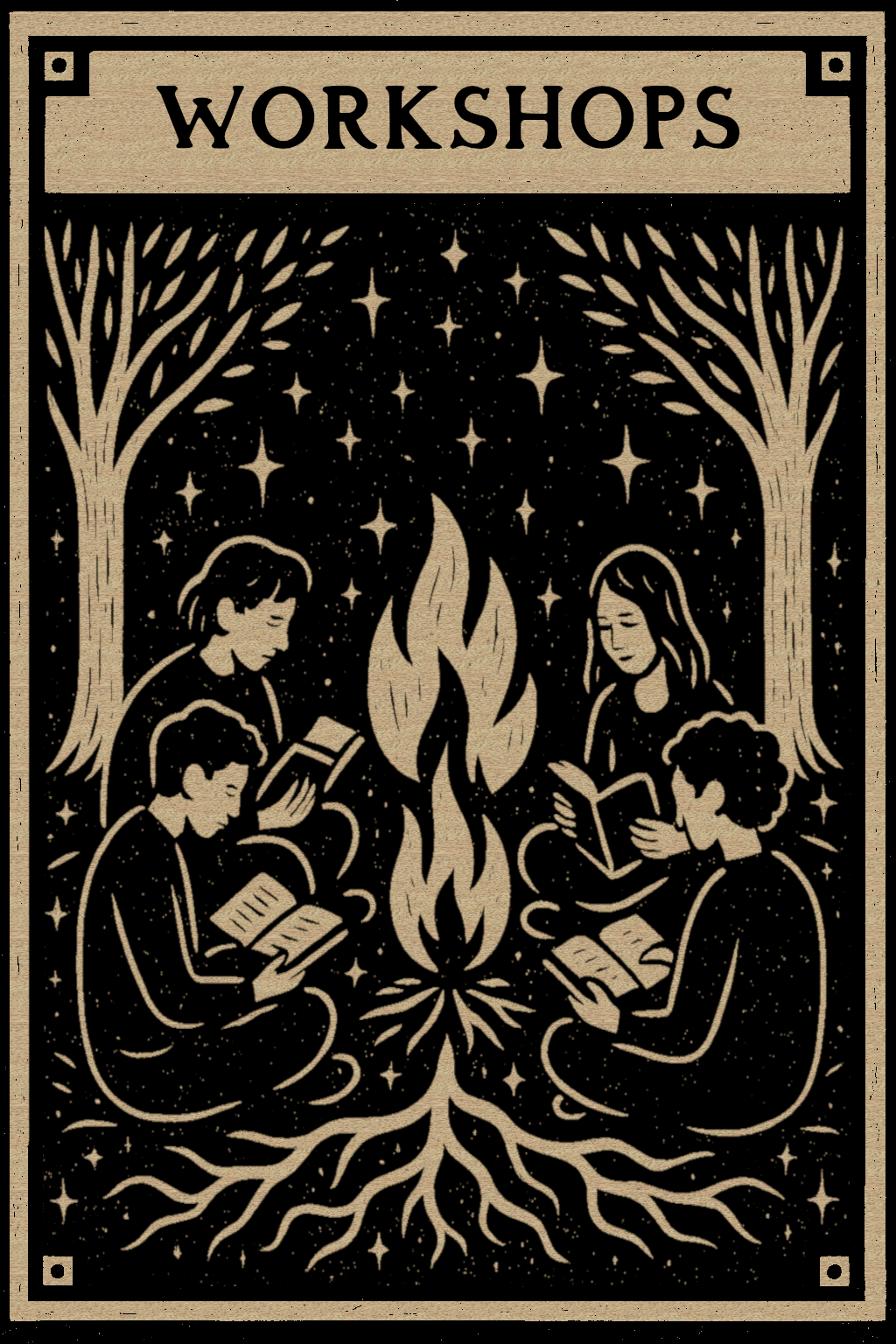 A woodcut-style tarot card featuring four people around a central fire, labeled Workshops.